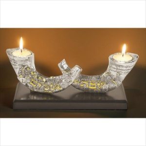 Shofar Candle Holder: Two shofars on Black Case Silver Plated